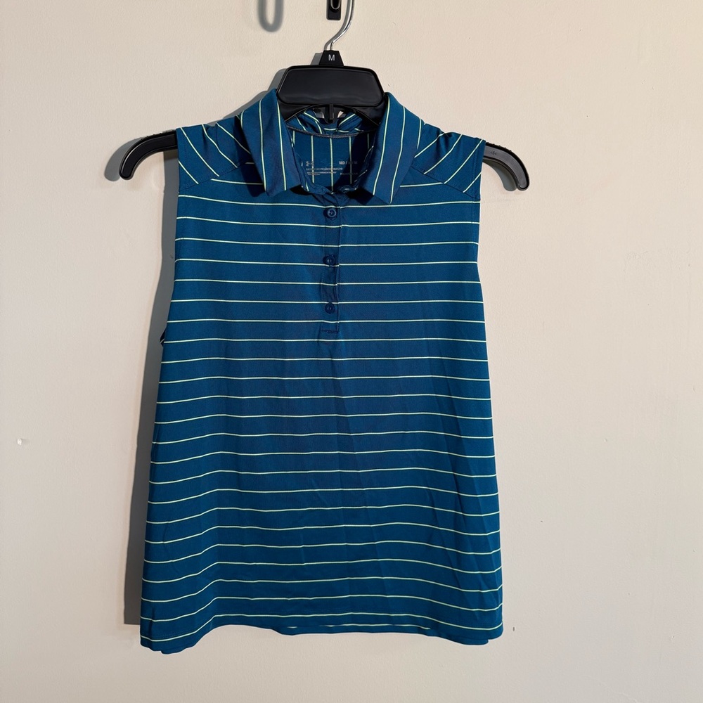 Under Armour Women’s Blue Striped Sleeveless Golf Polo - Size Medium